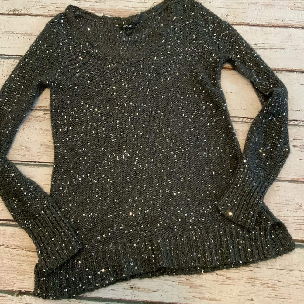 Apt 9 Womens Small Charcoal Gray Sequin Knit Sweater Scoop Neck Long Slv Sparkle